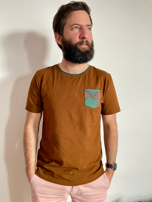 T-shirt homme en coton brun et motif ours