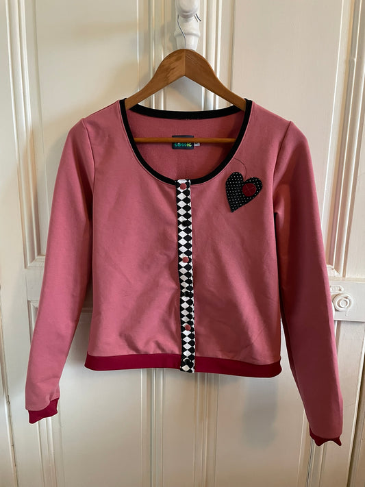 Gilet en french terry vieux rose, bordeaux et détails noir et blanc