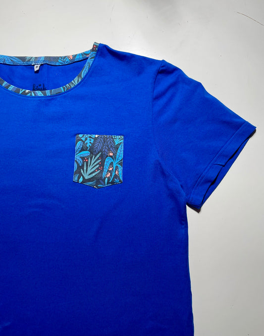 T-shirt homme en coton bleu roi et motifs feuillages
