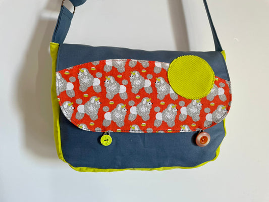 Sac en coton et velours côtelé vert anis, orange et gris avec des chiens