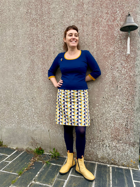 Robe en milano et coton bleu et jaune