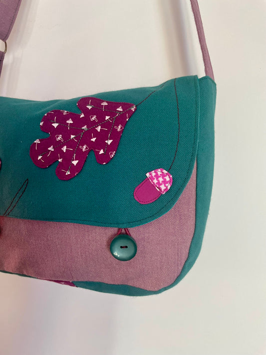 Sac en coton violet et vert émeraude, feuille de chêne