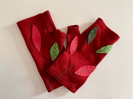Mitaines en laine à pouce rouge et vert à feuillages